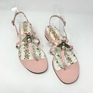 NEW Gucci Pink Patent Leather GG Bee Pearl Thong Sandal Kitten Heel Size 38.5 EU